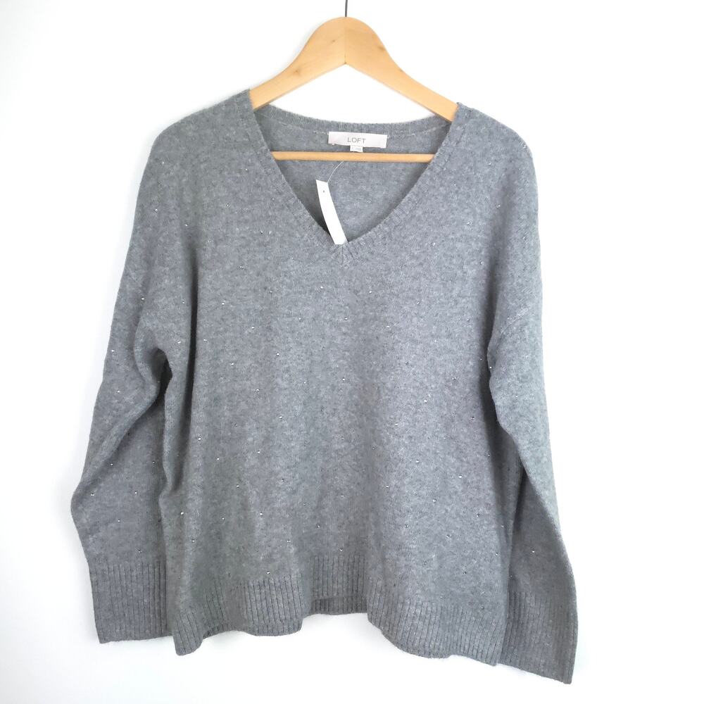 LOFT NEW Gray V-Neck Rhinestone Sparkle Long Sleeve Knit Sweater Size Small